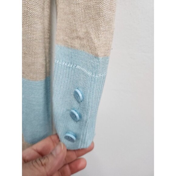 Cyrus Womens Lightweight Longline Cardigan Small Tan Blue Striped Open Front - Picture 4 of 6